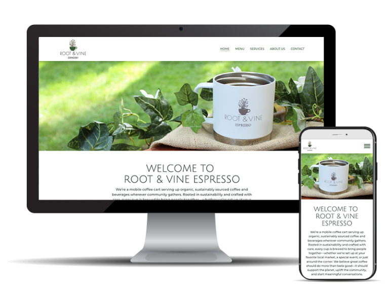 Desktop and mobile screenshot of Root and Vine Espresso website