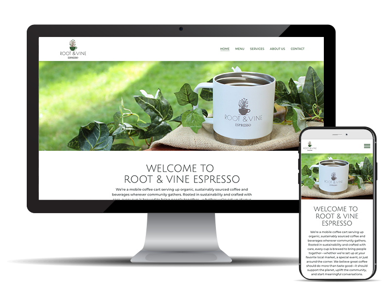 Desktop and mobile screenshot of Root and Vine Espresso website