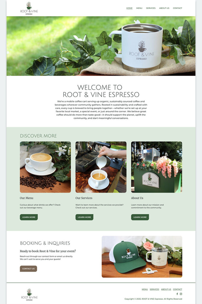 Homepage of Root And Vine Espresso website - Web Designer